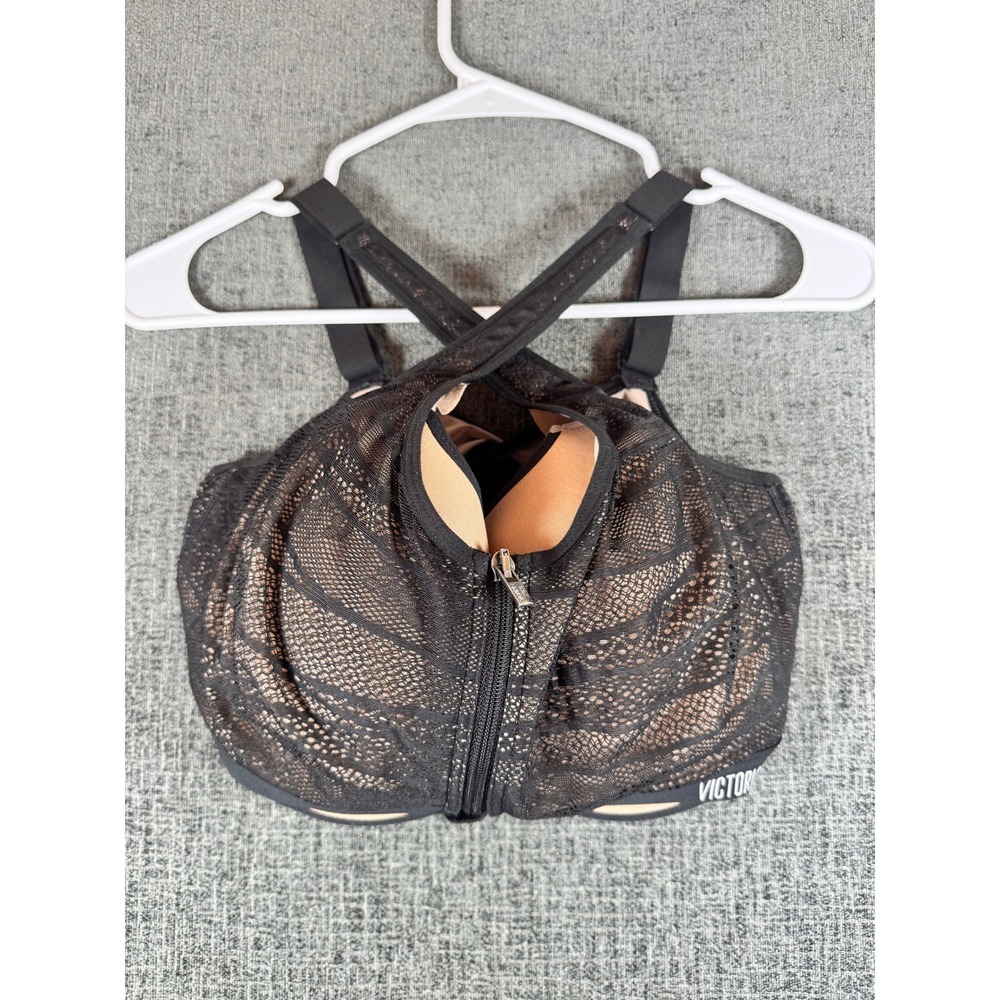 Victoria Sport Knockout Front-Close Sports Bra 36DDD Black Lace Underwire Zip